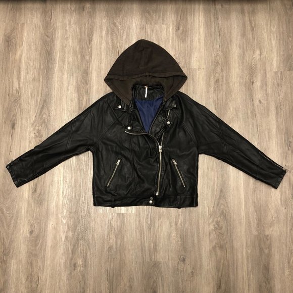 Free People Vegan Leather Jacket Women's Size Medium Black Moto Hooded Coat - Picture 4 of 12